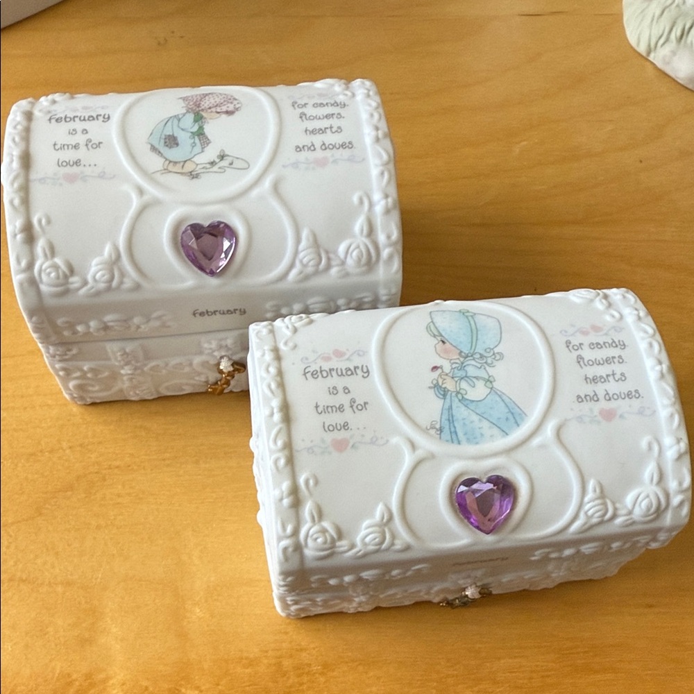 Set of 2 Precious Moments February Hope Chest with Purple Amethyst Accents
